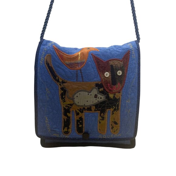 Whimsical Handcrafted Blue Cat Bird & Mouse Applique Quilted Crossbody Bag - Picture 1 of 9